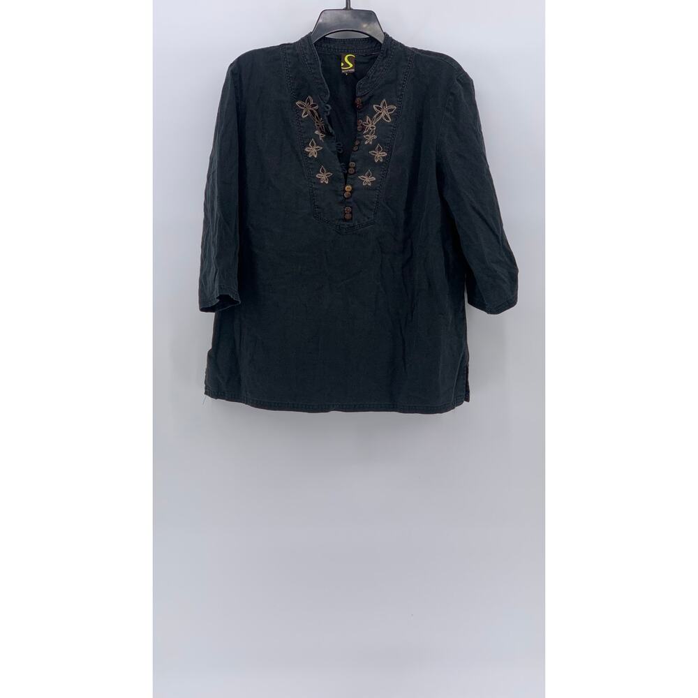 SPORTELLE Women's Black Floral Embroidered 3/4 Sleeve Pullover Top SZ M